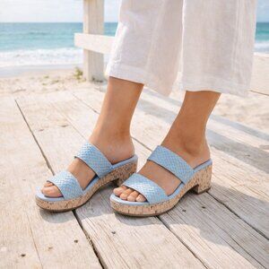 Miz Mooz Genna Aquamarine Woven Leather Platform Block Heel Slide Sandals EU 41